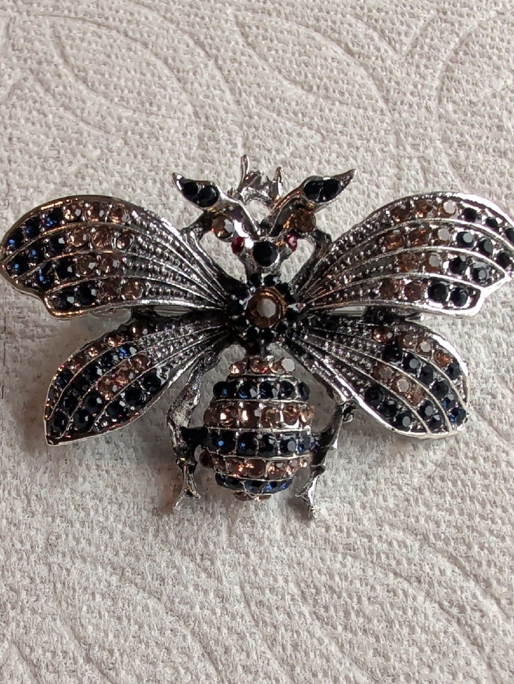 Vintage Silver Tone Bumble Bee Brooch Dark Blue Brown Rhinestone Accents